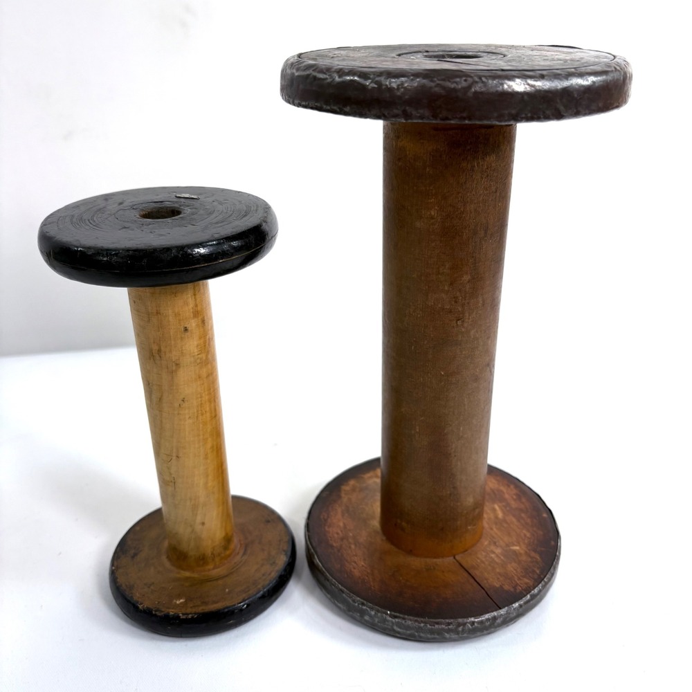 Antique Industrial Textile Bobbins Brown Wood Metal Spools Set of 2
